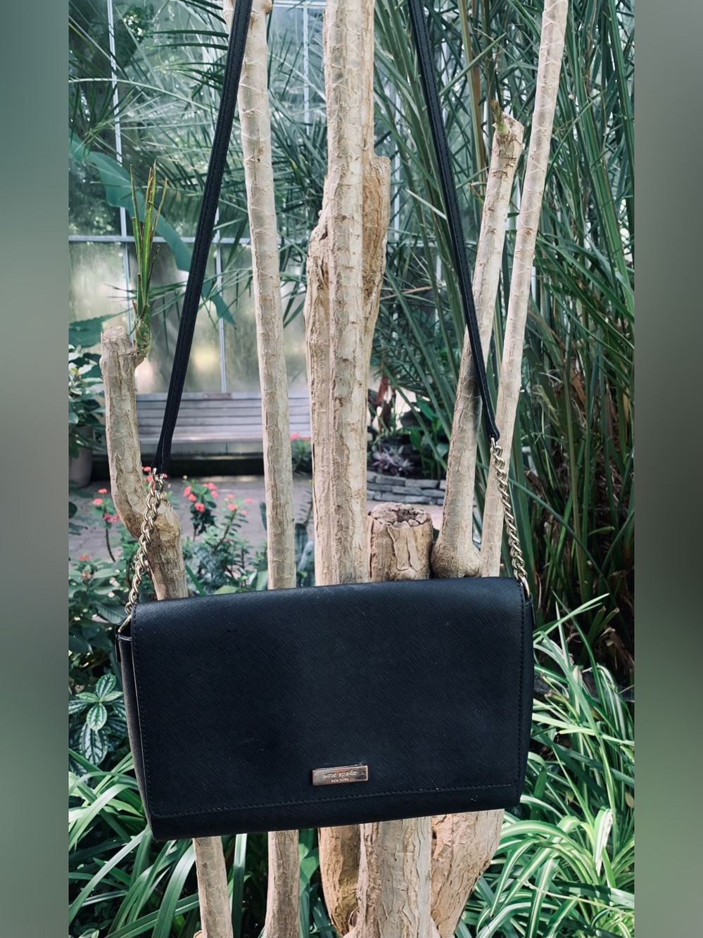kate spade authentic black compact crossbody purse with chain hardware